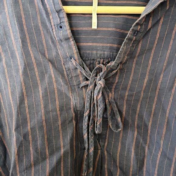 Free People Blue Striped Long Sleeve Lace-Up Linen Cotton Blend Popover Size XS - Picture 3 of 6